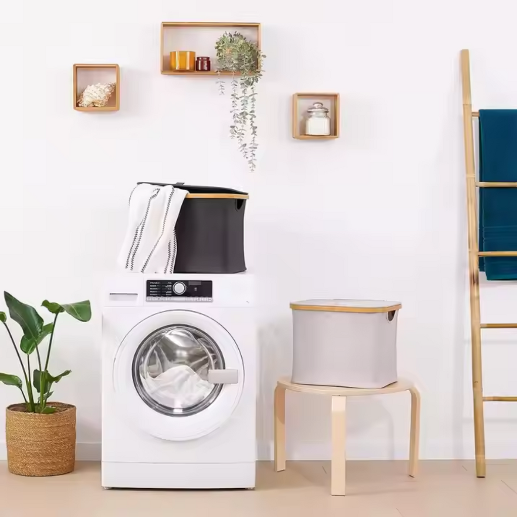 Collapsible Laundry Bin with Bamboo Frame & Dust Cover